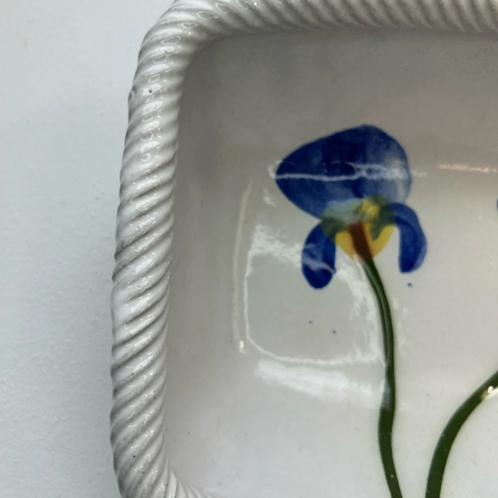 Blue iris handmade off white pottery ribbed edge casserole dish stamped